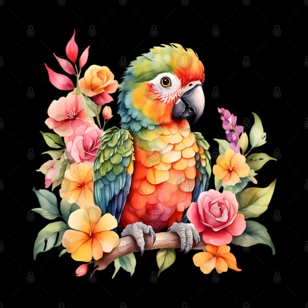 A parrot decorated with beautiful watercolor flowers by CreativeSparkzz