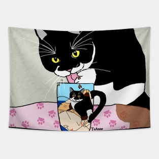 CUTE Tuxedo Cat drink his humans coffee  Copyright TeAnne Tapestry