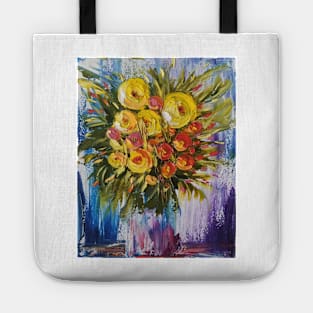 yellow flowers painting, yellow and orange bouquet, flowers in a vase, colorful painting, colorful flowers Tote