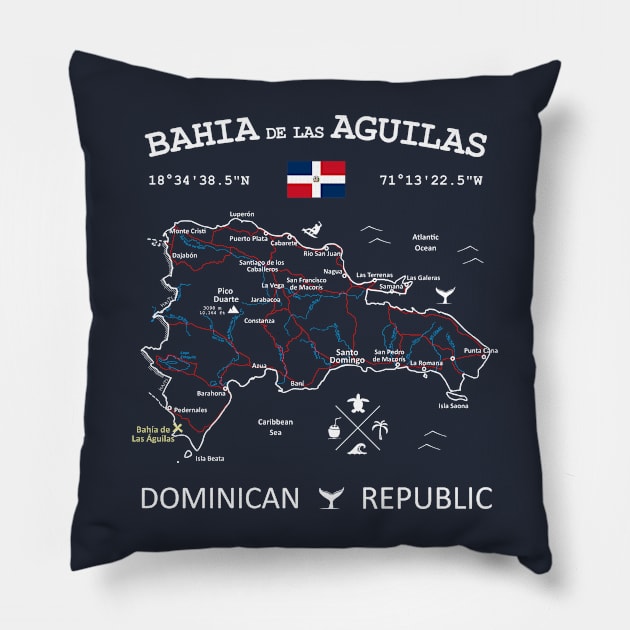 Bahía de las Águilas Dominican Republic Flag Travel Map Coordinates GPS Pillow by French Salsa
