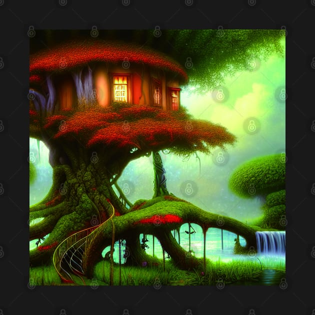 Tree House Portrait in Red Color, Greenery Outside, Landscape Painting by Promen Art