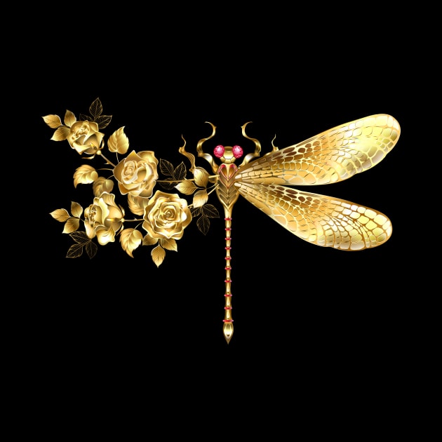 Golden flower dragonfly with rose by Blackmoon9