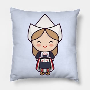 Cute Dutch Girl in Traditional Clothing and Clogs Pillow