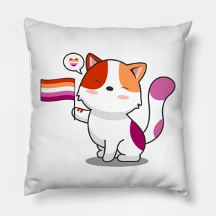 Cute Cat Holding Lesbian Pride Flag Pillow
