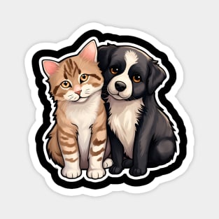 Cute Ginger Tabby Cat and Black and White Puppy Buddies Magnet