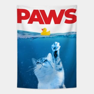 Paws Cat and Yellow Rubber Duck Funny Parody Tapestry