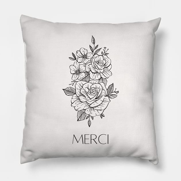 Merci - Thank you French Minimalist Print with Flowers Pillow by From Mars