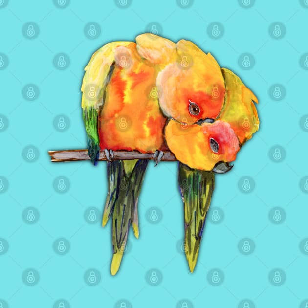 Two cuddling sun conures by Bwiselizzy