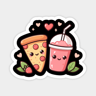 Pepperoni Pizza and Strawberry Drink with Hearts in Kawaii Style | Kawaii Food Art Magnet