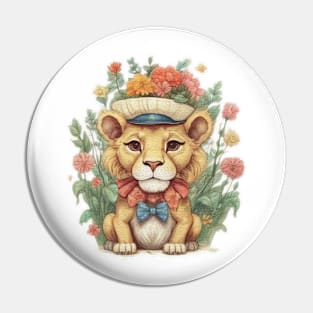 a cute little lion wearing a hat and a bow tie Pin