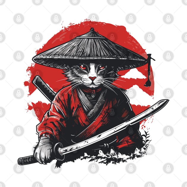 Retro Samurai Cat Katana Sunset Ninja Cat Warrior Cat Japanese Art by RetroZin
