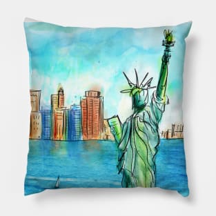 Colorful Urban Sketch of The Statue of Liberty the Bay and the Buildings Pillow