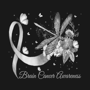 Hippie Dragonfly Gray Ribbon Brain Cancer Awareness T-Shirt