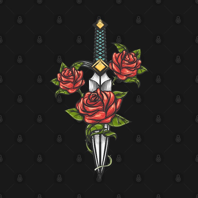 Dagger Knife and Rose Flowers Drawn in Tattoo Style by devaleta