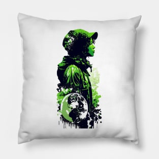 Join the Movement with Our Abstract Black, White, and Green Climate Activist Girl Design Pillow