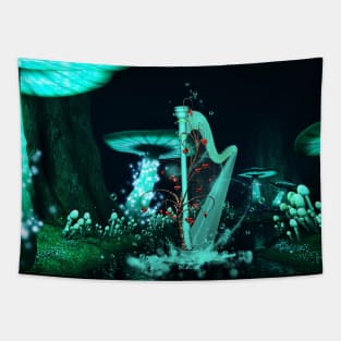 Wonderful harp  in a mushroom forest with tree with hearts Tapestry