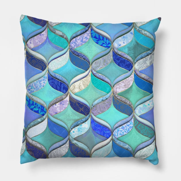 Patchwork Ribbon Ogee Pattern in Blues & Greens Pillow by micklyn