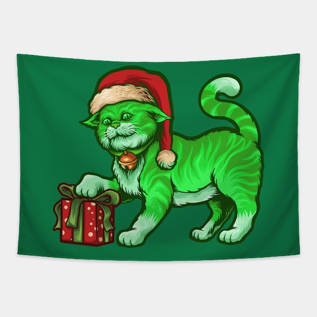 Funny Poisonous Green Cat Santa Claus Looking For Presents Tapestry by peter2art