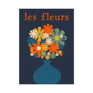 Les Fleurs Retro Flowers in Vase Blue Orange T-Shirt