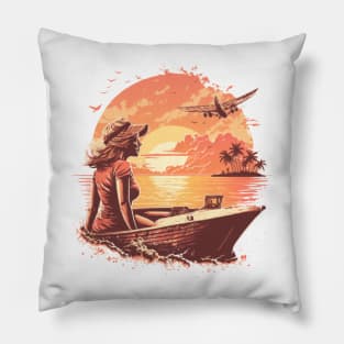 lady on the boat sunset vintage beach Pillow