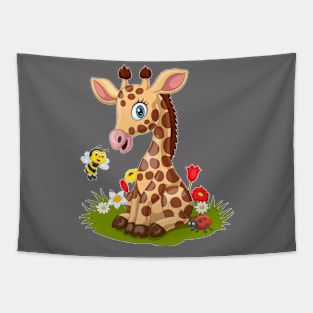 Cartoon little giraffe with bee in the grass Tapestry