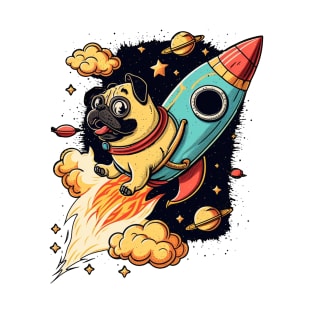 pug flying into space with a rocket T-Shirt