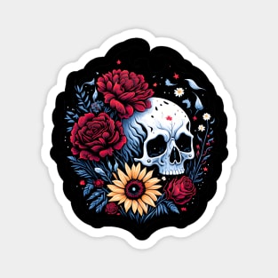 Spooky skull with red roses and sunflower floral Magnet