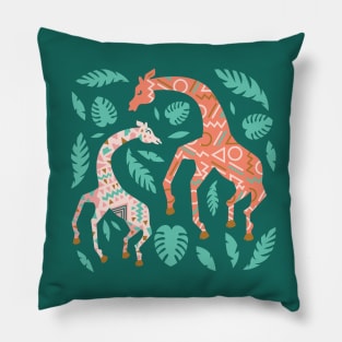 Dancing Giraffes in Pink + Teal Green Pillow