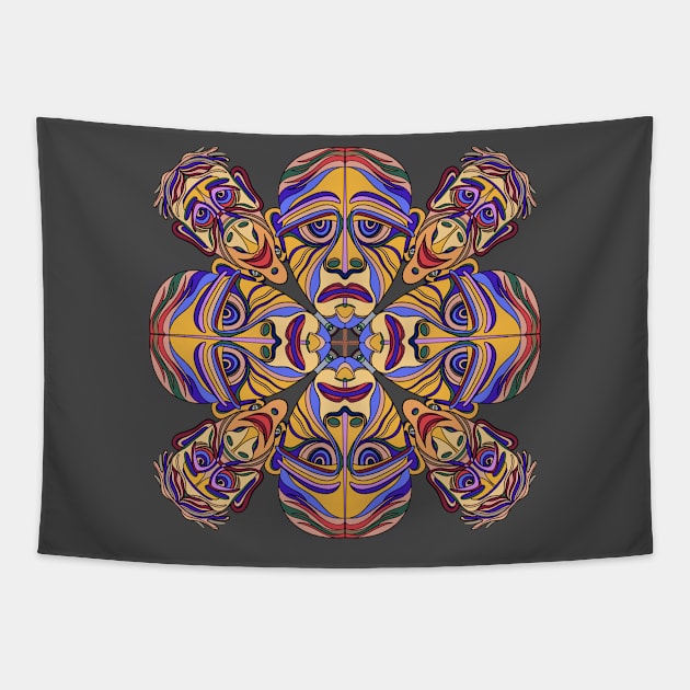 Happy and sad face mandala type design in yellows and blues Tapestry by DaveDanchuk