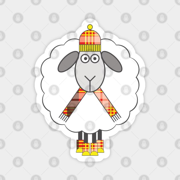 Cosy Winter Sheep With Red, Yellow, Black and White Tartan Hat, Scarf and Boots Magnet by MacPean