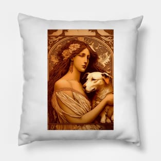 Woman wearing tunic holding a dog - Art Nouveau Style Pillow