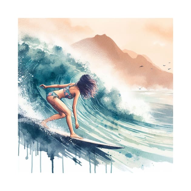 Abstract looking illustration of a woman surfing in a bikini in tropical waters. by WelshDesigns