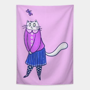 Cute girly white cat and purple butterfly Tapestry