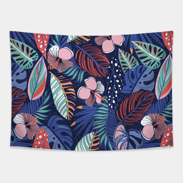 Moody tropical night // pattern // oxford blue background spearmint papaya orange denim and electric blue leaves coral cotton candy pink and dry rose hibiscus flowers Tapestry by SelmaCardoso