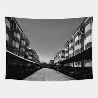 Nostalgic Apartment Buildings Black and White Photography Design Tapestry