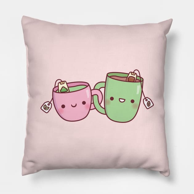 Cute Pink and Green Teacup Funny Best Friends Pillow by rustydoodle