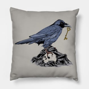 Raven with Golden Key on Rocks and Skull Pillow