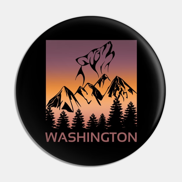 Washington Sunset Wolf Howling at The Moon Trees and Mountains T-Shirt Pin by jackofdreams22