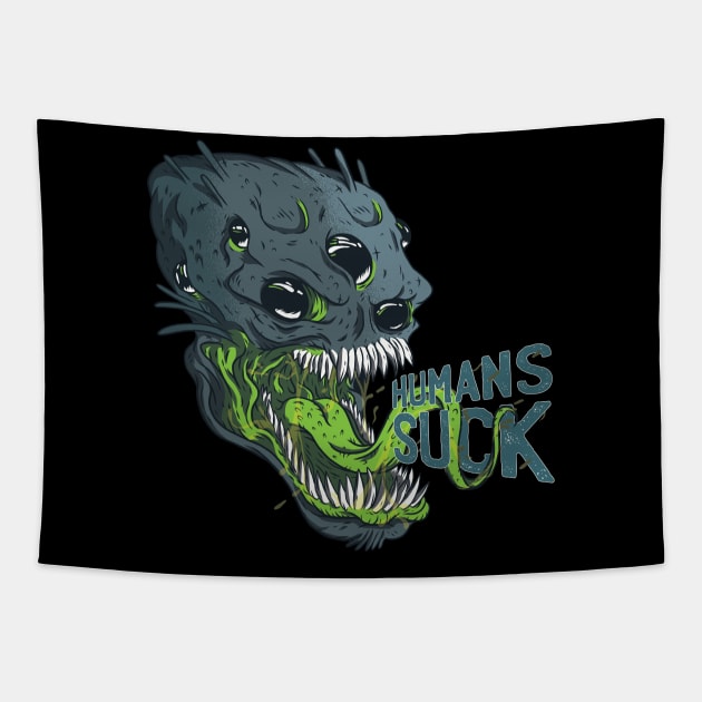 Human sucks, Scary alien monster graphic, Introvert-Awkward-Hipster-Sarcasm, UFO space lover cartoon, Men Women Tapestry by Luxera Wear