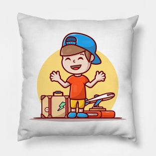 Cute Boy Travelling Cartoon Vector Icon Illustration Pillow