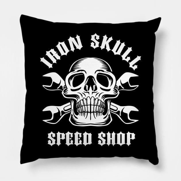 Iron Skull Speed Shop Skull with Crossed Wrenches Pillow by hobrath