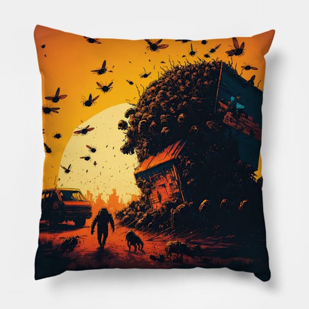 Mutated Bee Swarm In Post Apocalyptic Streets Pillow by Nightarcade