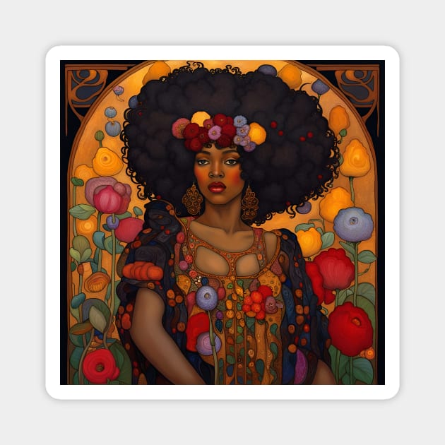 Beautiful Black Woman Woman with Flowers, Art Nouveau Magnet by LittleBean