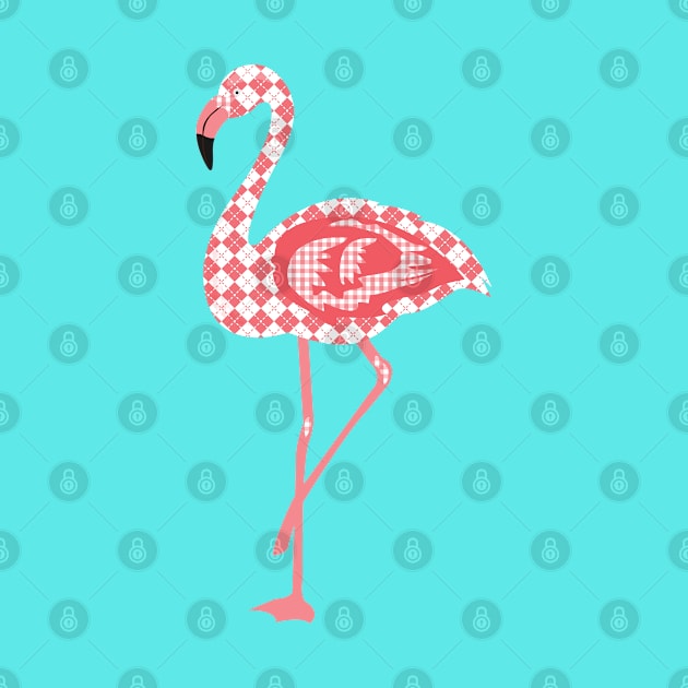 Fashionista Pink and White Argyle Pattern Flamingo on Blue Background by Syressence