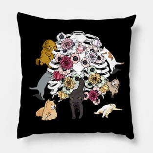 Gothic Cats Playing in Ribcage With Roses Pillow