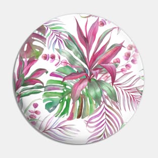 Tropical colorful watercolor leaves composition. Exotic Monstera, cordyline, eucalyptus leaves summer print Pin