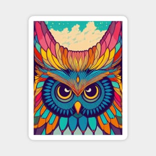 Colorful Owl Portrait Illustration - Bright Vibrant Colors Bohemian Style Feathers Psychedelic Bird Animal Rainbow Colored Art Magnet