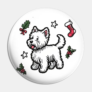 Westie Christmas Design - West Highland Terrier - Cartoon Dog Holiday Drawing Pin