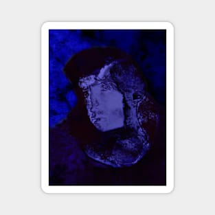 Portrait, digital collage and special processing. Man, knight on street, face. Near some building. Dark blue. Night. Magnet