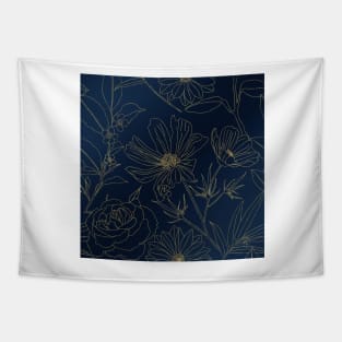 Elegant Blue Gold Flowers Line Art Tapestry